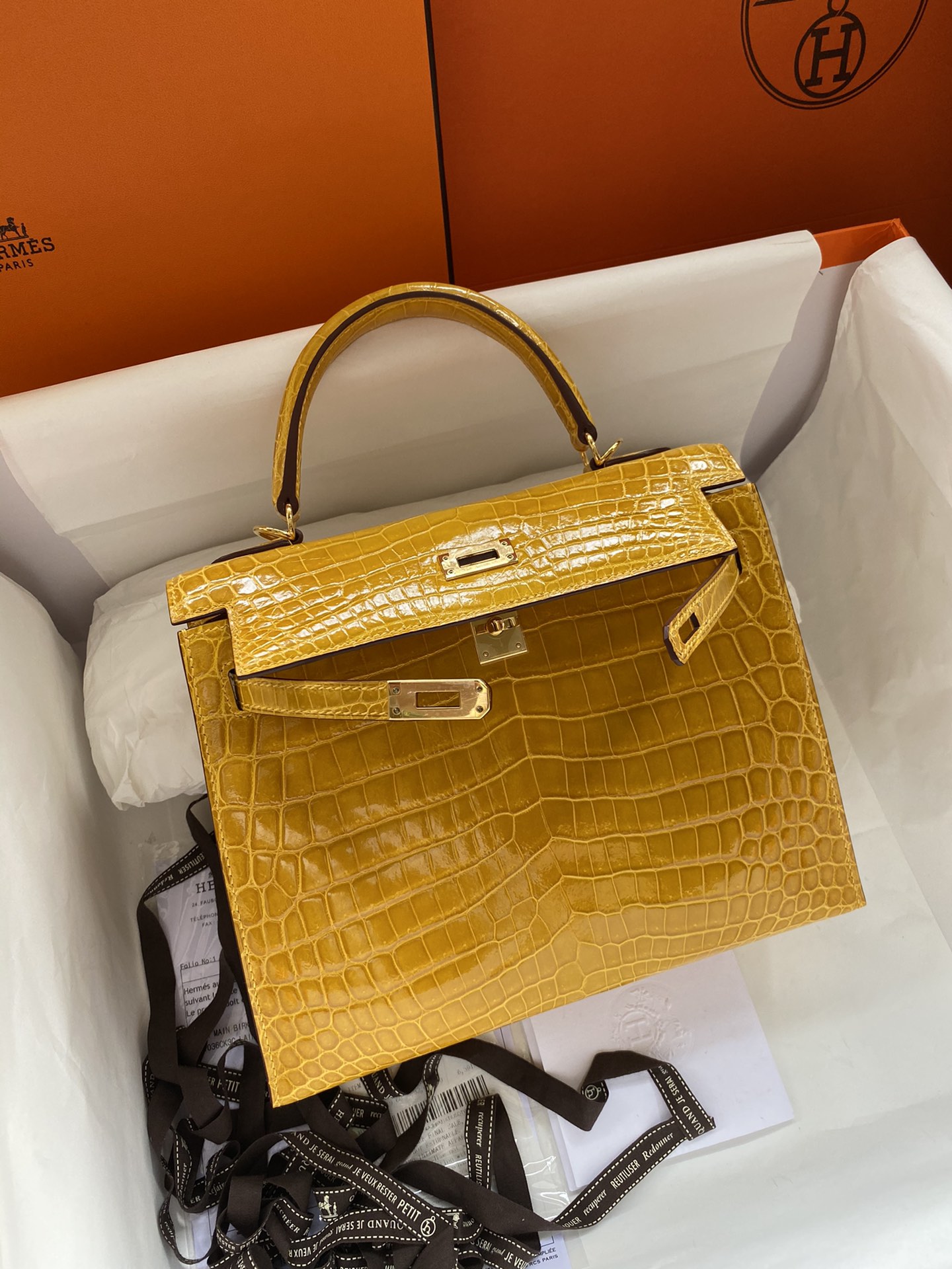 Hermes Kelly 25cm Handbag Shoulder Bag In Yellow Amber Shiny Crocodile Niloticus Leather